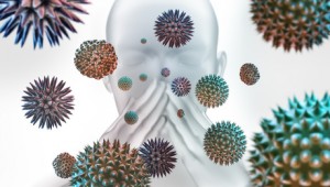 Schematisch dargestellte Pollen in Form von unterschiedlich gezackten Bällen vor einem Kopftorso in der Farbe weiß